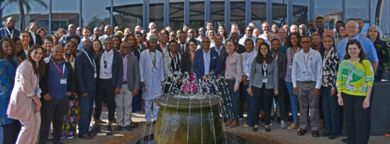 A large group of people stand around a fountain.